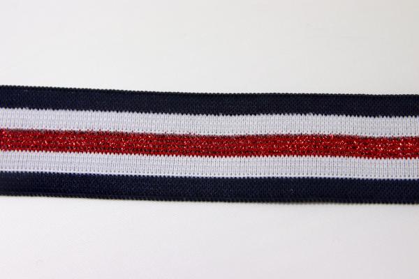 elastische Glam Stripes - blau/weiß/rot Lurex - 2,5 cm